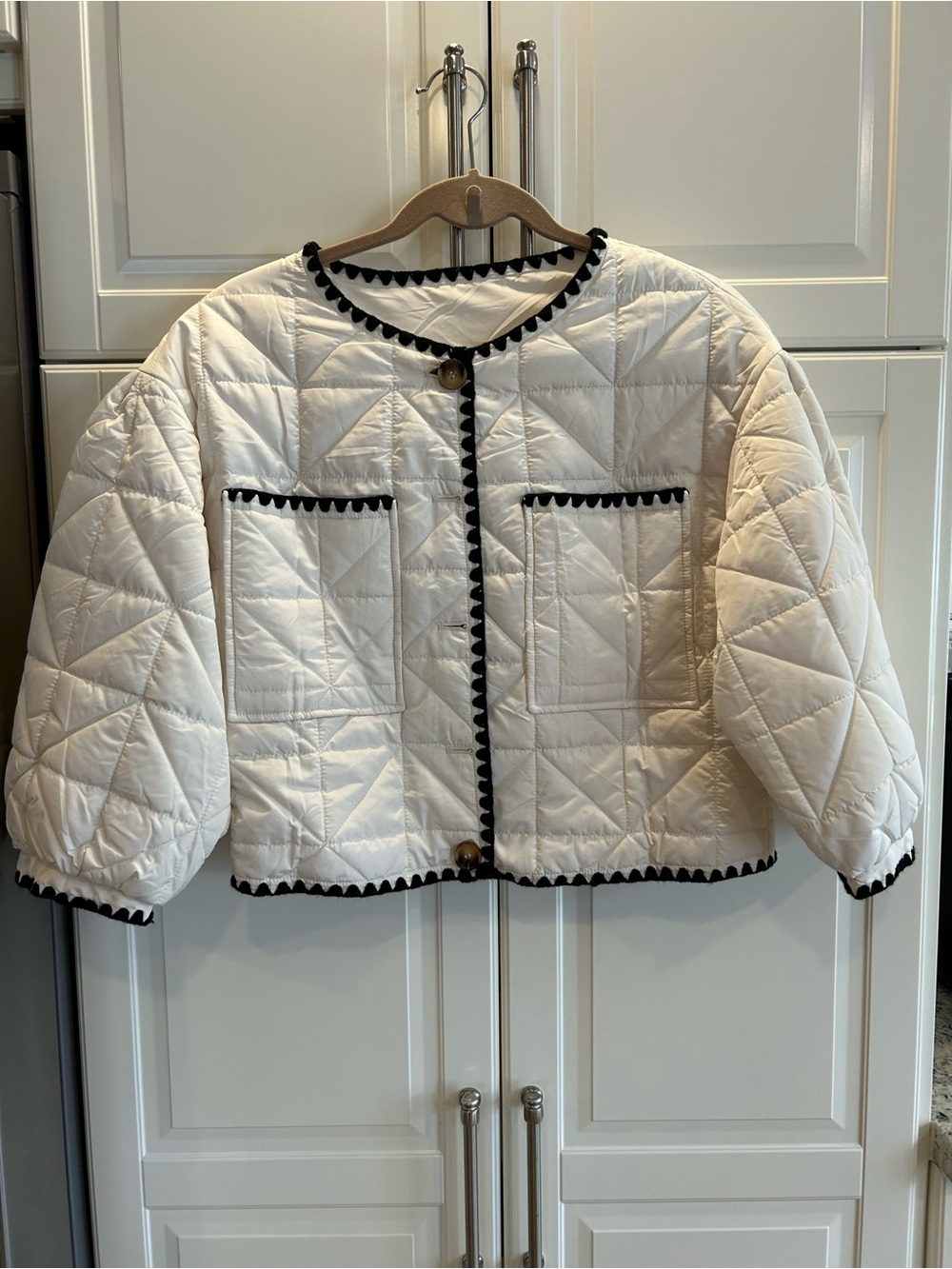Cropped Quilted White Puffer Jacket with Black Trim